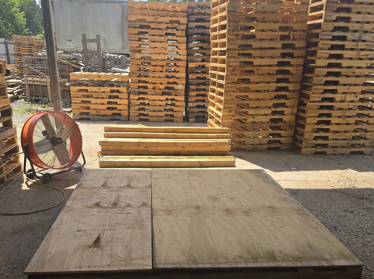 Gulf Coast Pallet production yard with lumber and wooden pallets