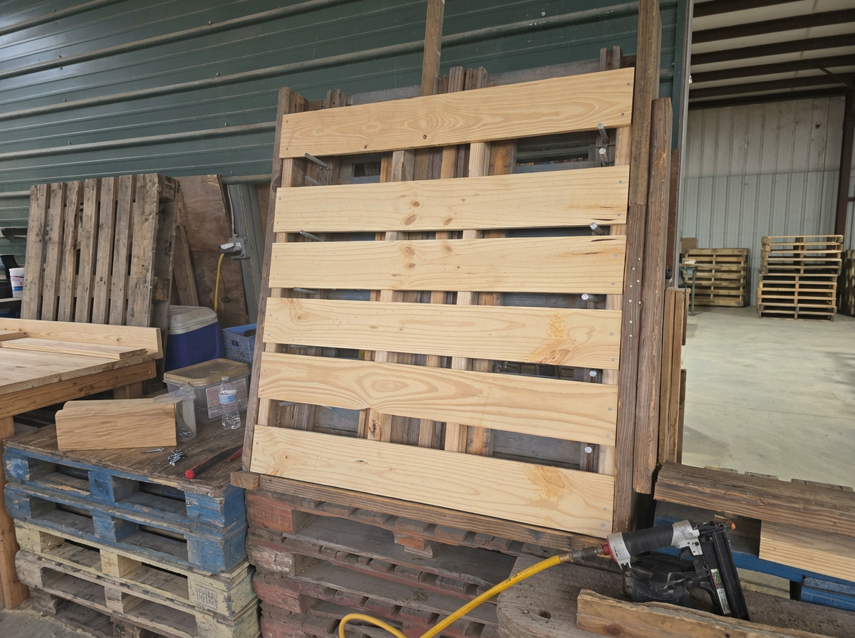 Custom wooden pallet being built at Gulf Coast Pallet